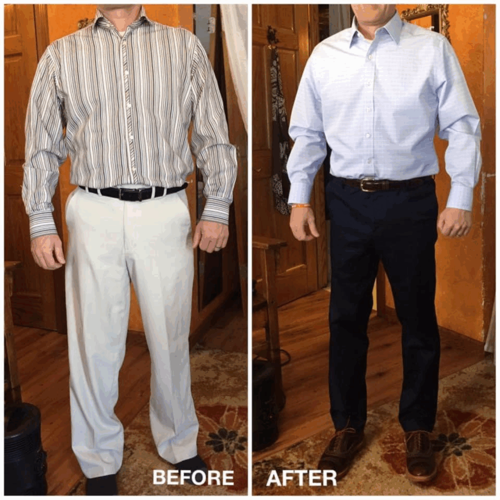 Side-by-side before and after photo of a man wearing an oversized striped shirt and loose pants versus a fitted custom shirt and tailored navy trousers.