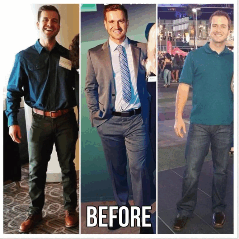 Side-by-side transformation photo showing a man before and after custom styling—casualwear, tailored suit, and upgraded business casual outfit.