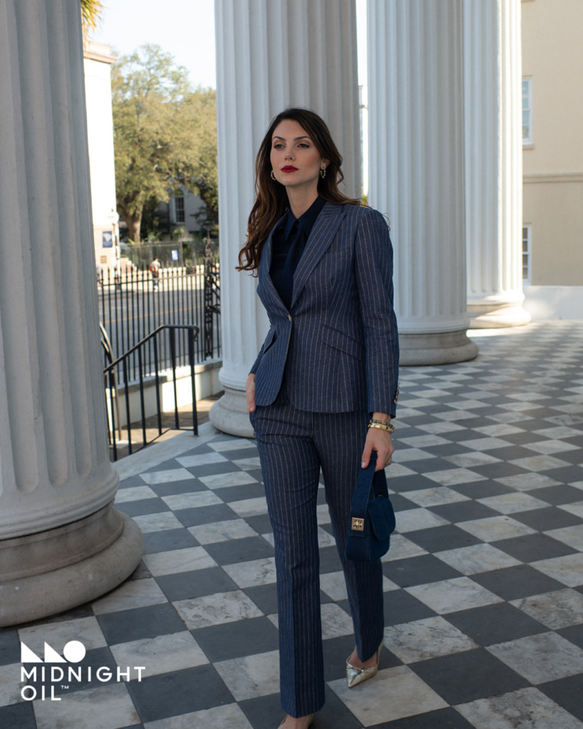 Image of Glam Stripe Demin Suit done by Denise Styled ME in Prior Lake, MN. You can see a woman that a custom fitted glam stripe denim suit.