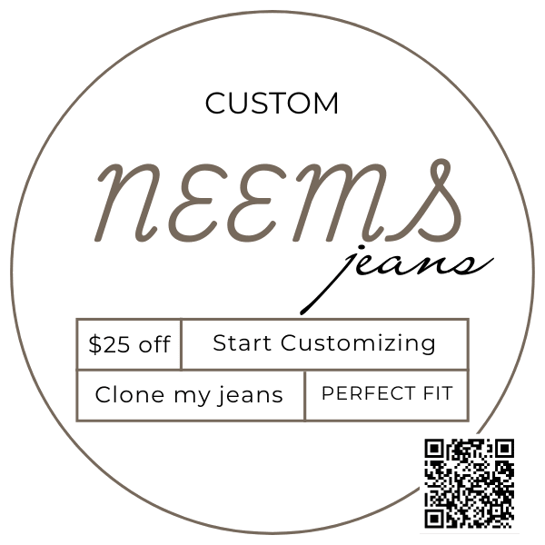 Close-up of bespoke Neems denim jeans styled by Denise of DeniseStyled, showing the high-quality stitching and custom fit details.