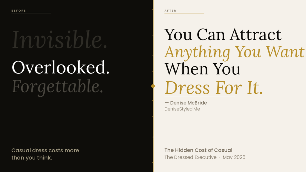 Denise McBride of DeniseStyled.Me luxury wardrobe stylist Minneapolis, editorial graphic on professional workplace dress code and executive presence.